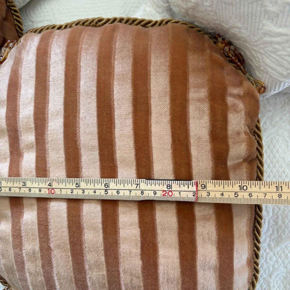 Vintage Brown Copper Gold Velvet Pillows Beaded Tassel Fringe Stripes 10